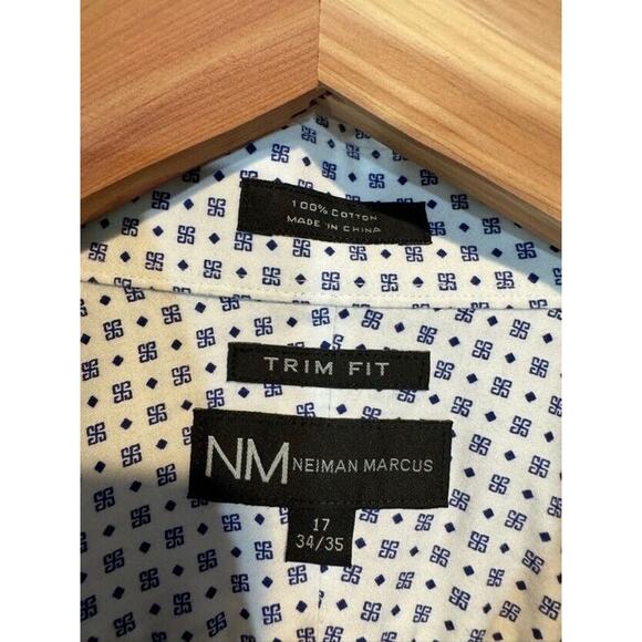 Neiman Marcus Mens Large Blue White Trim Fit Button Up Shirt 17 34/35 - Picture 5 of 11